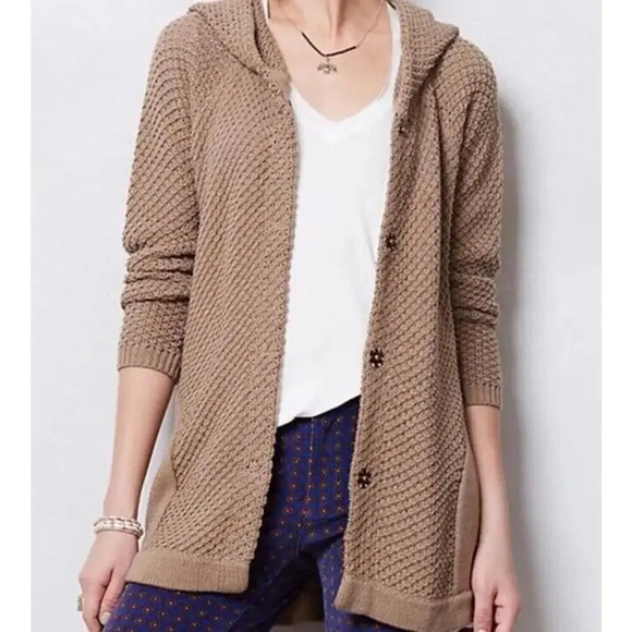 Anthropologie Sweaters - Anthropologie Sparrow Brown Knit Hooded Snap Up Pocket Cardigan Sweater Small